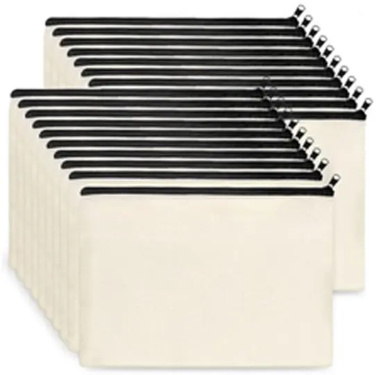 Multiple beige pouches with black zippers